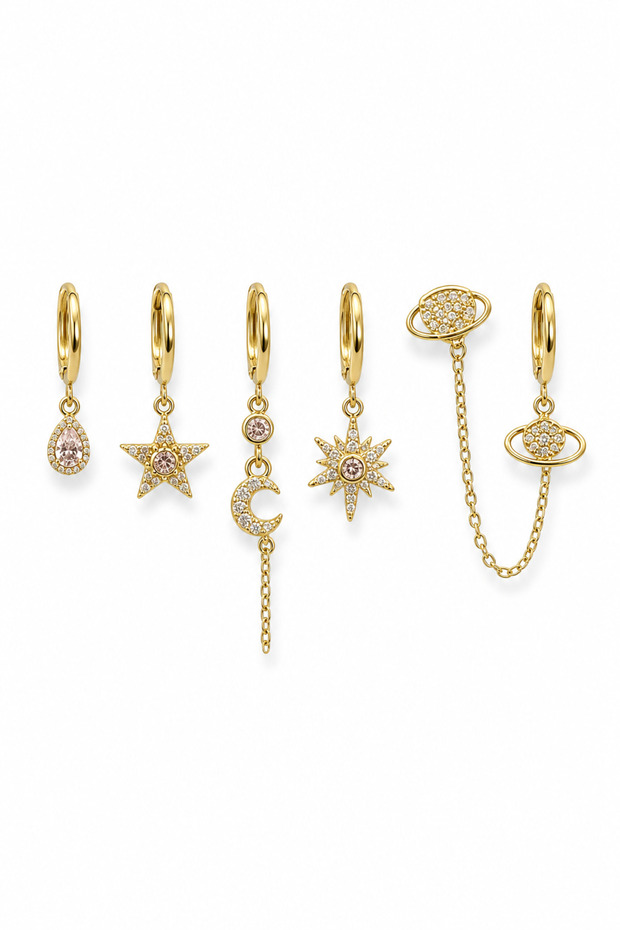 Women's Gold Color 6-Piece Zircon Stone Figured Hoop and Stud Earring Set – Model Options Available