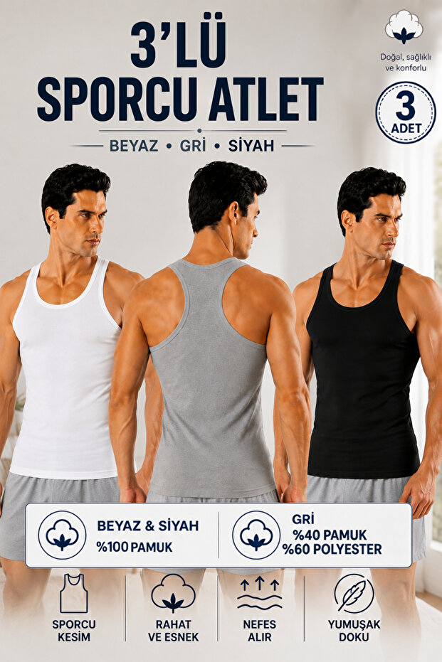 Men's Athlete Ribbed Undershirt 3-Pack (Seher Authorized Dealer) - White(100% Cotton) Black(100% Cotton) Gray(40% Cotton & 60% Polyester)