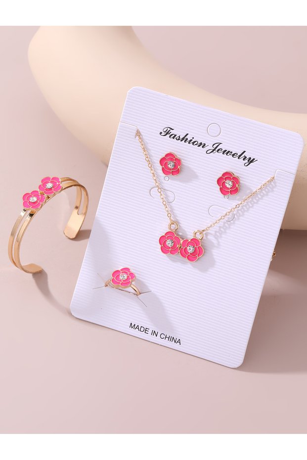 Girls Pink Flower Charm Necklace, Earrings, Ring and Bracelet Set