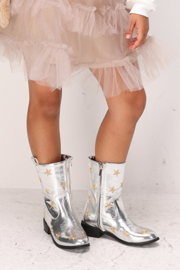 Gold Star Embroidered Girls' Silver Cowboy Boots