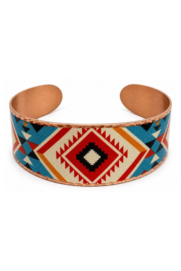 Navy Blue Turquoise Mosaic Wide Form Thick Copper Bracelet, Hand Embroidered Adjustable Model