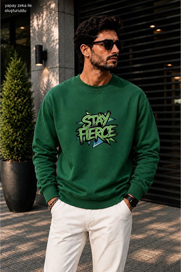 Men's Stay Fierce Graffiti Printed Cycling Round Neck Casual Sweatshirt