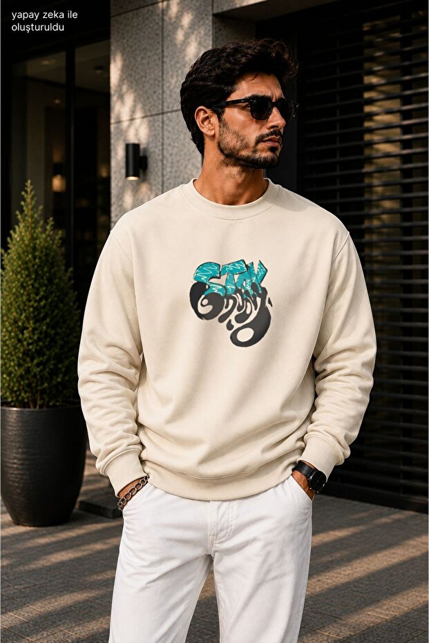 Men's Street Style Graffiti Typography Printed Cycling Round Neck Casual Sweatshirt