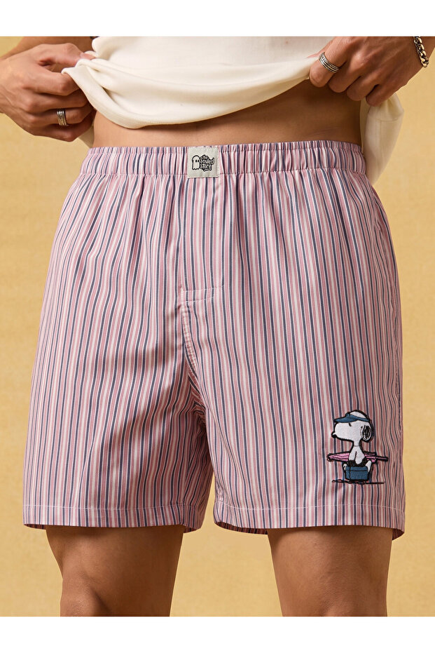 Men Striped Pink Boxers with Snoopy Embroidery