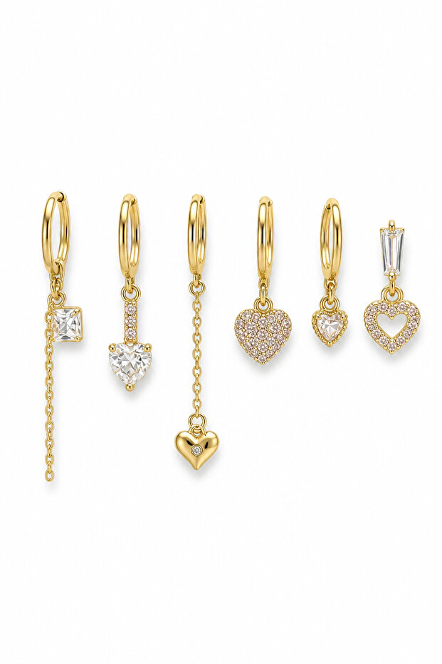 Women's Gold Color 6-Piece Zircon Stone Figured Hoop and Stud Earring Set – Model Options Available