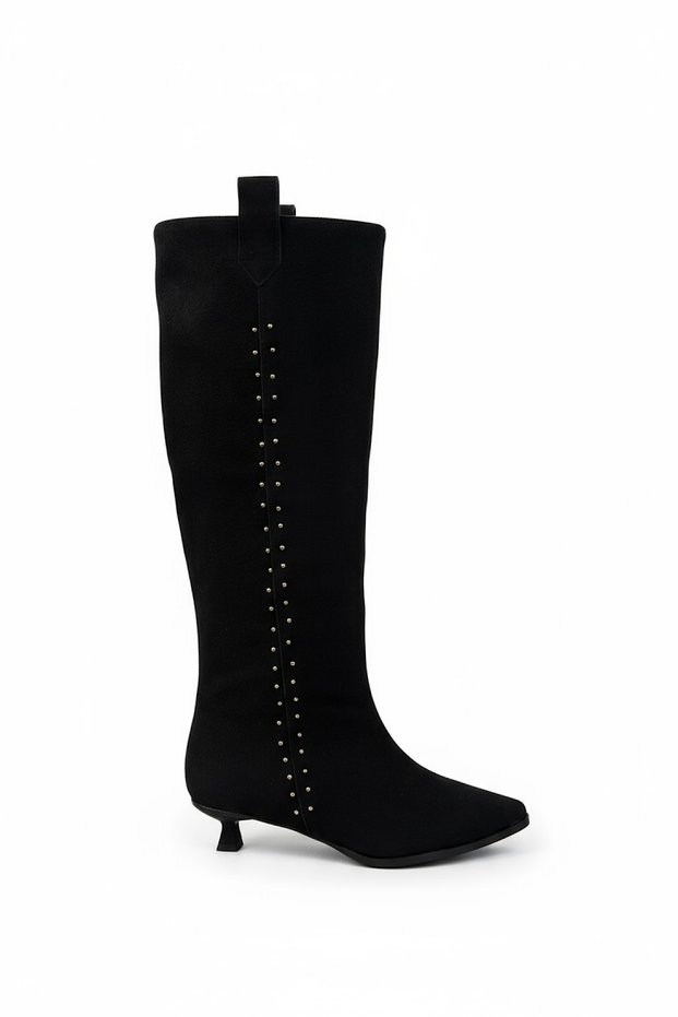 Cily Black Suede Women's Heeled Boots with Gold Pin Detail