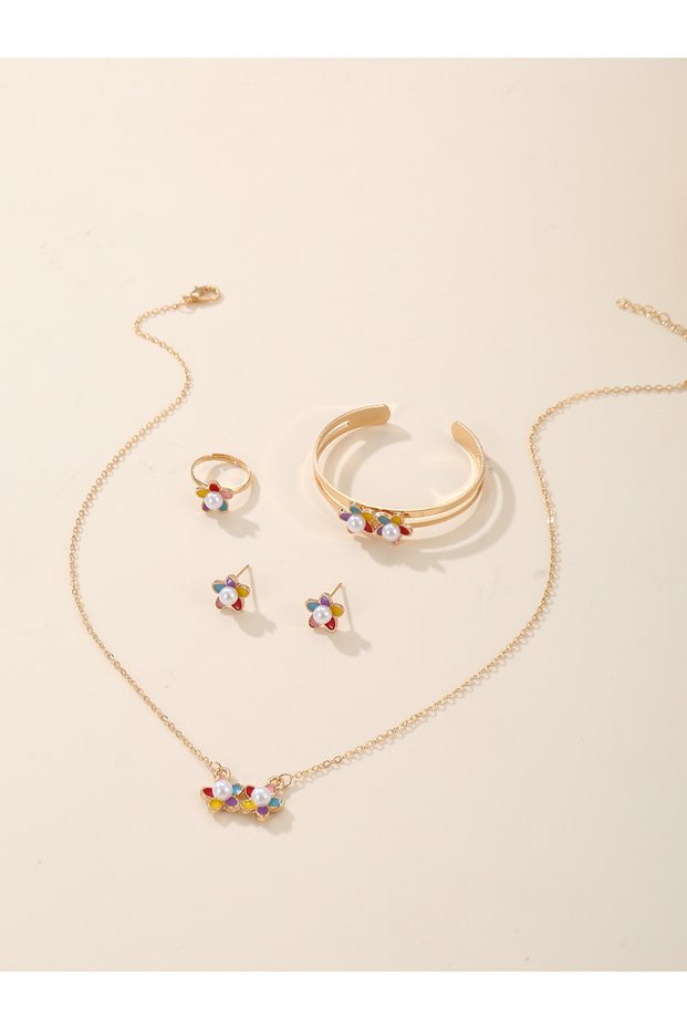 Girls Multi-Color Flower Charm Necklace, Bracelet, Ring and Earrings Set