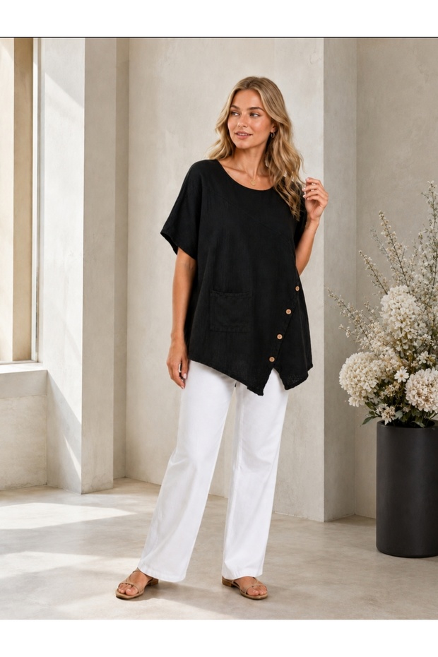 Button Detailed Pocketed Cotton Oversize Women's Linen Blouse 44-50