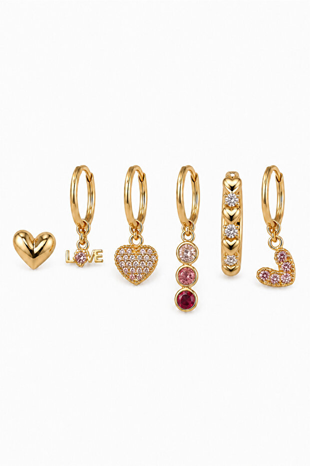 Women's Gold Color 6-Piece Zircon Stone Figured Hoop and Stud Earring Set – Model Options Available