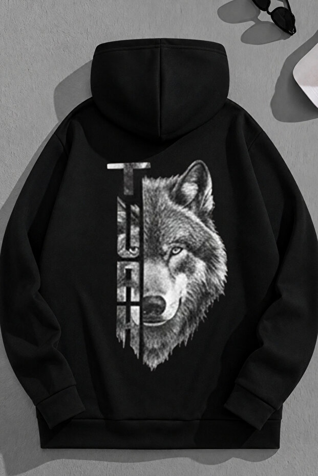 Unisex 3 Thread Cotton Black Turkkurt Print Loose Fit Sweatshirt Hoodie