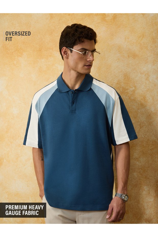 Men Blue Cotton Color Block Oversized Fit Polo T-Shirt