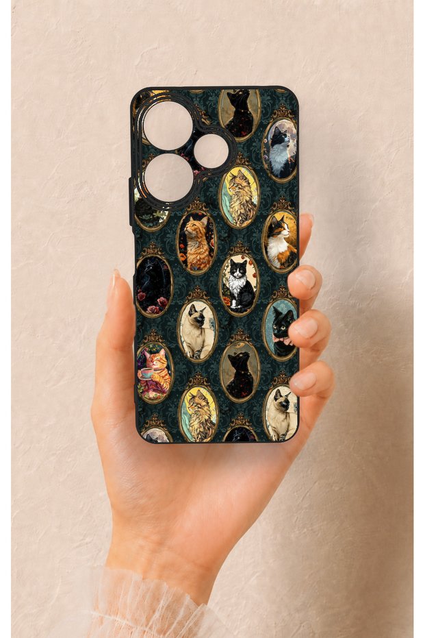 Redmi 13 4g Compatible Vintage Cat Portraits Patterned Silicone Case