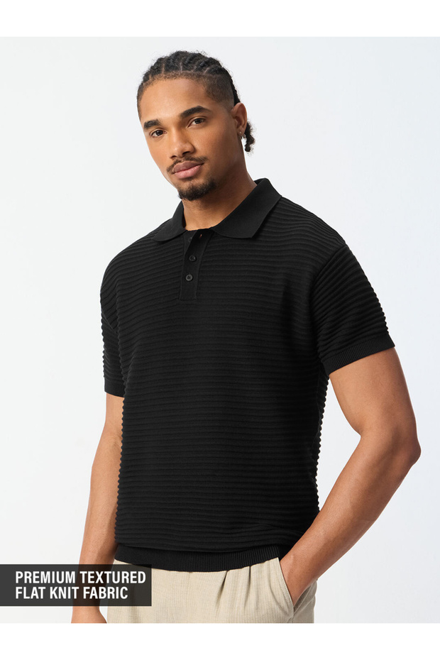 Men Black Textured Short Sleeve Knit Polo T-Shirt