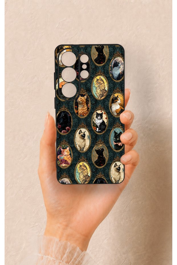 Samsung S26 Ultra Compatible Vintage Cat Portraits Patterned Silicone Case