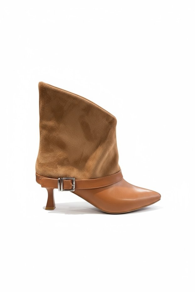 Micron Tan Skin Belt Detailed Women's Heeled Boots