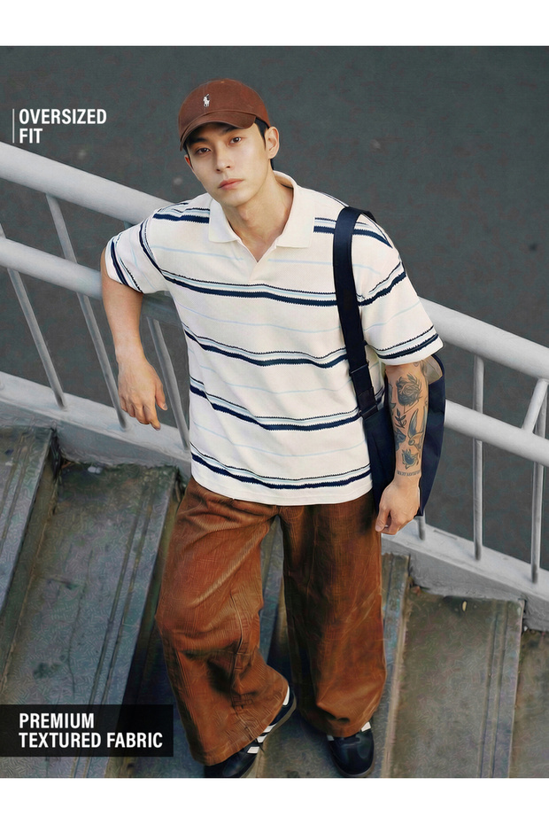 Men Striped Oversized Fit Polo T-Shirt