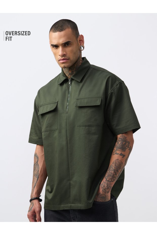 Men Olive Woven Collared Zip Polo T-Shirt with Pockets