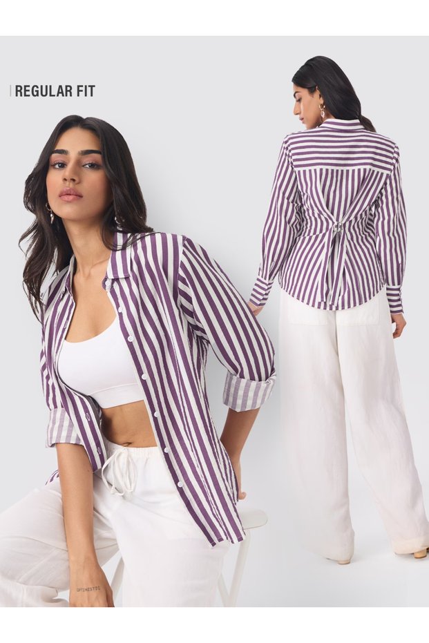 Purple Striped Regular Fit Long Sleeve Shirt