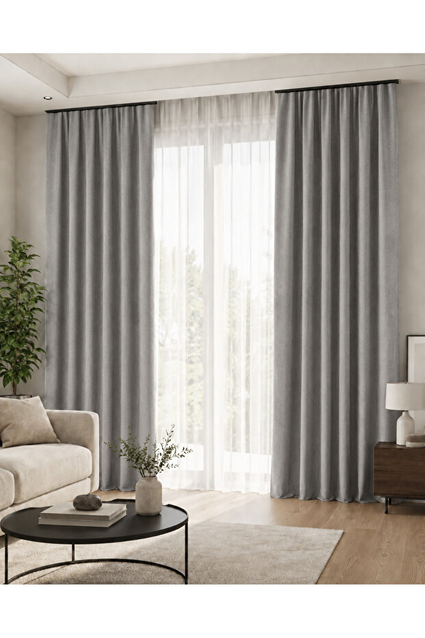 Gray Velvet Textured Adafon Background Curtain, Stylish Appearance, Soft Texture, Single Panel Decorative Living Room Curtain