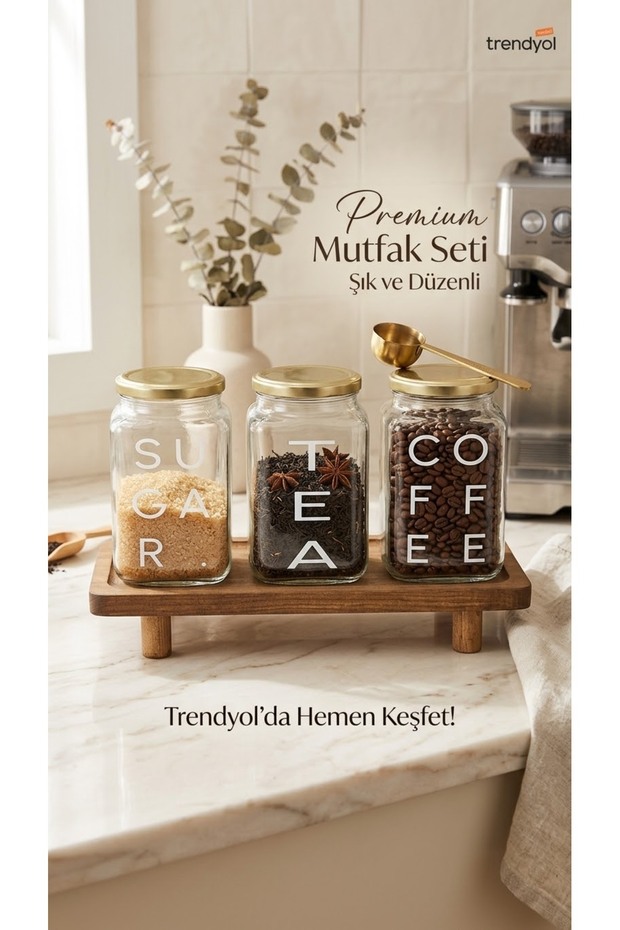 Set of 3 Glass Jars with Gold Lid and Wooden Stand