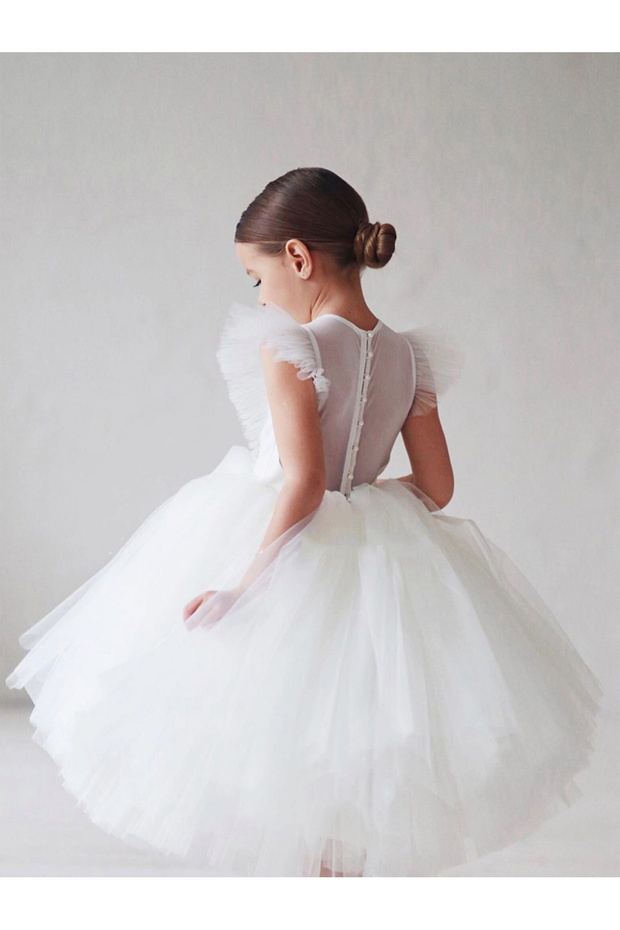 White A-Line Flower Dress with Tulle Skirt