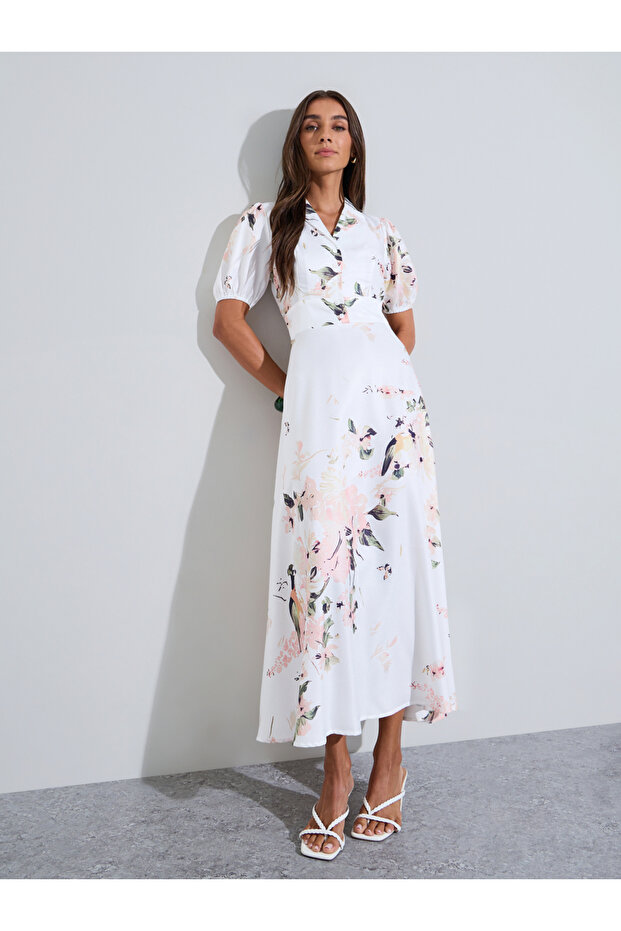 Off White Floral Print Ruched Details Short puff Sleeves Shirt Maxi Dress