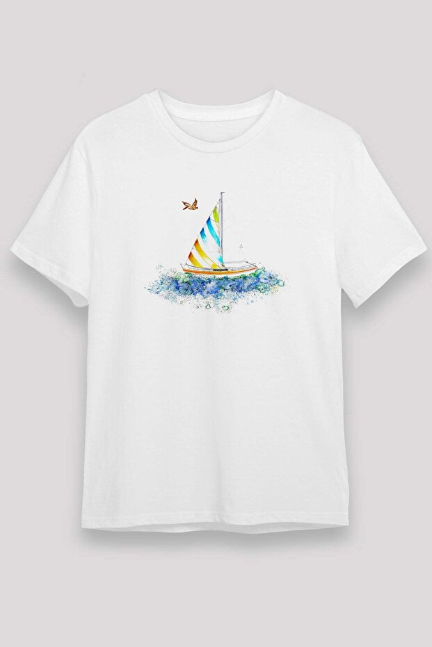 Sailing Printed Unisex White T-Shirt - Tshirt