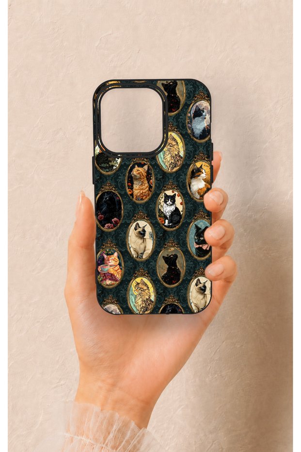 iPhone 14 Pro Compatible Vintage Cat Portraits Patterned Silicone Case