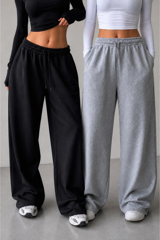 2-Piece Black and Gray Women's Sport Wide-Leg Sweatpants - High Waist Comfortable Fit Pack