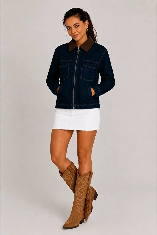 Women's Navy Blue Denim Jacket with Suede Collar, Zipper Pockets, and Patterned Jean Jacket