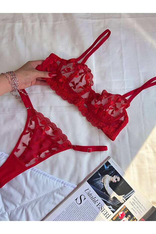 Red Bow Embroidered Underwire Bralette Set