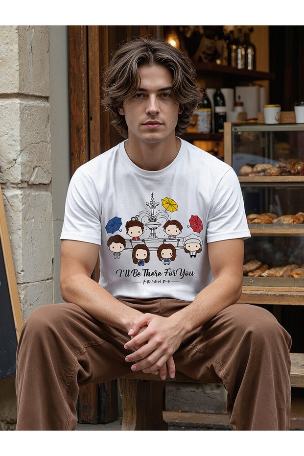 Men White Friends Graphic Cotton T-Shirt with Round Neck and Short Sleeve
