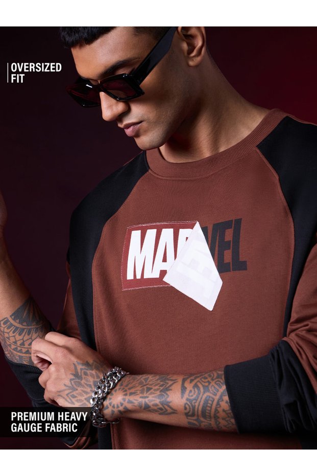 Men Brown Cotton Round Neck Marvel Color Block Long Sleeve T-Shirt