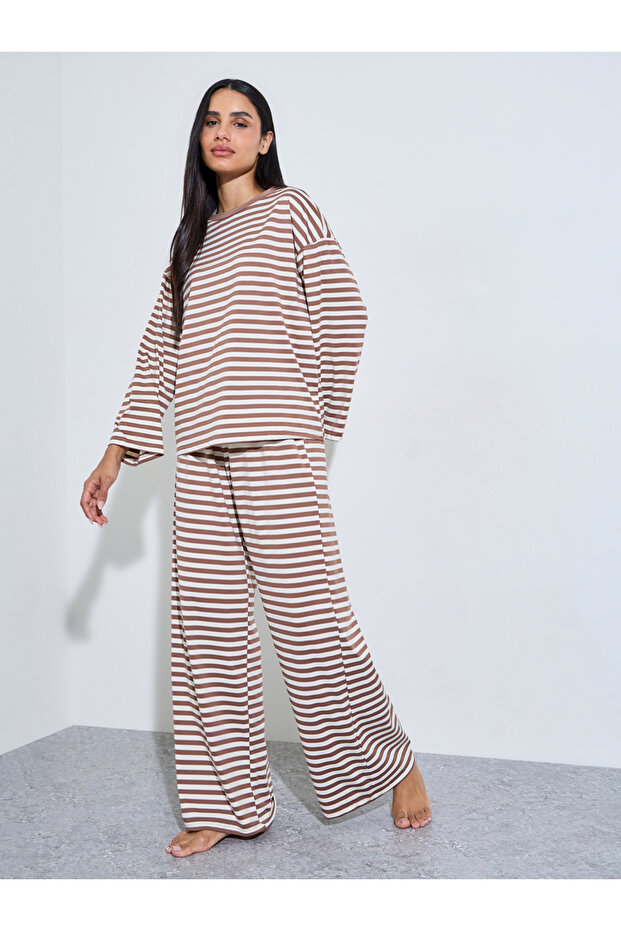 Brown Striped Long Sleeves T-Shirt and Wide Leg Pants Pyjama Set