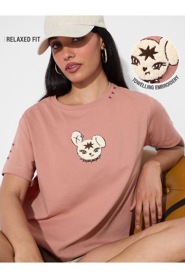 Pink Relaxed Fit Towelling Embroidered T-Shirt