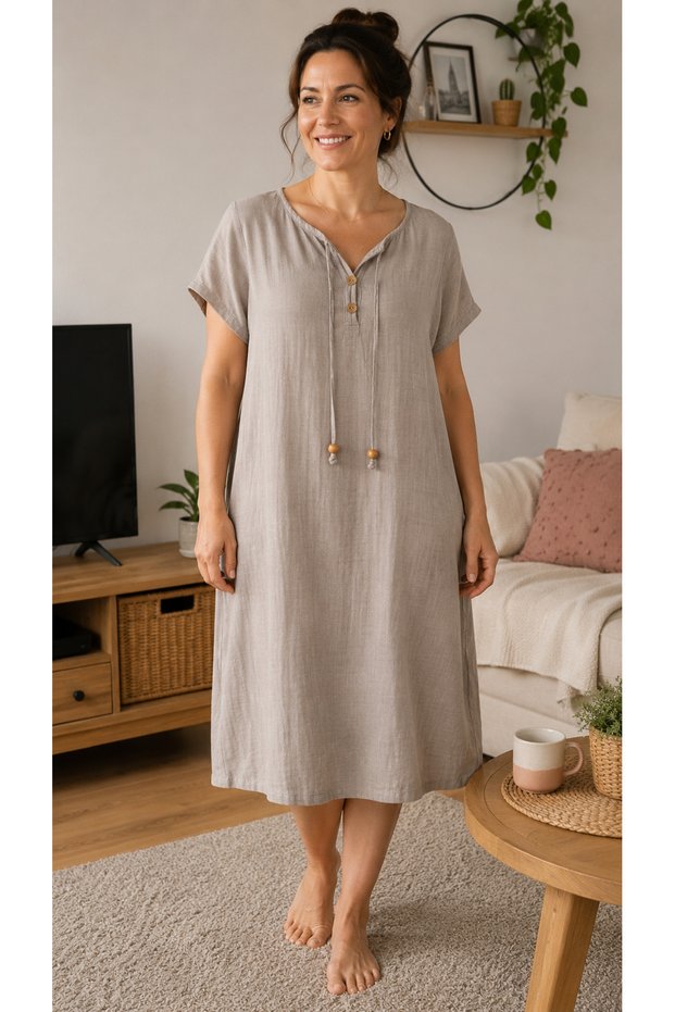 Stone Color 100% Cotton Muslin Fabric Comfortable Fit Mother's Dress Home Pajamas