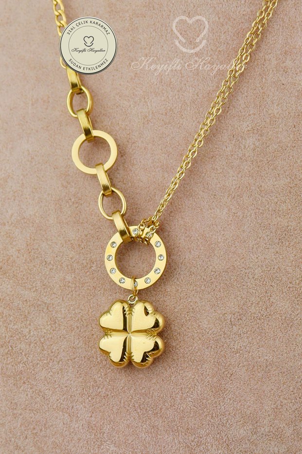 Steel Necklace - Stone-Encrusted Circle Balloon Clover Chain 316L Steel Necklace Does Not Tarnish or Fade 41+6cm