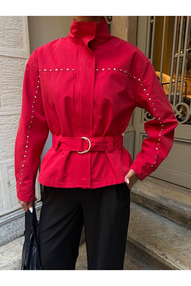 Studded Belted Zippered Trench Jacket