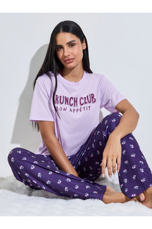 Multi-Color Slogan Print T-Shirt and All Over Floral Print Pants Pyjama Set