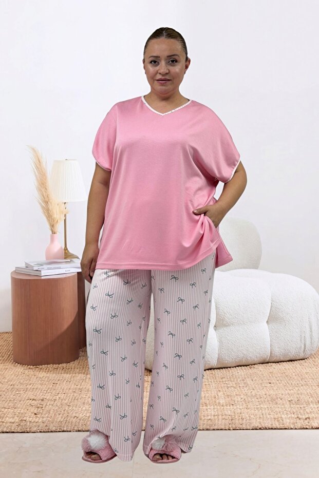 67808 Large Size Combination Modal -Milan Pajama Set - Anthracite Ribbon Patterned