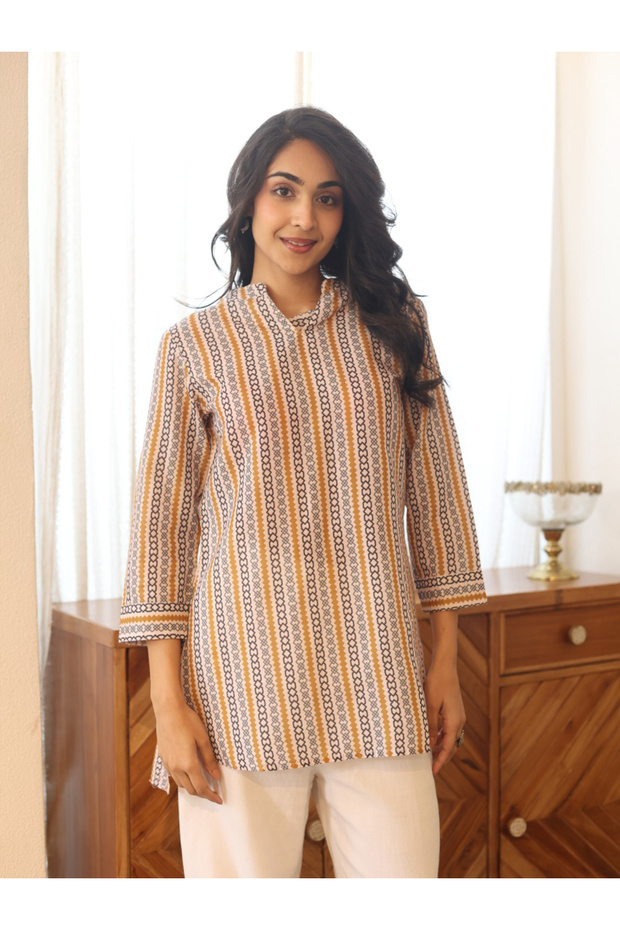 Multi-Color Striped 3/4 Sleeve Tunic Top with Mandarin Collar