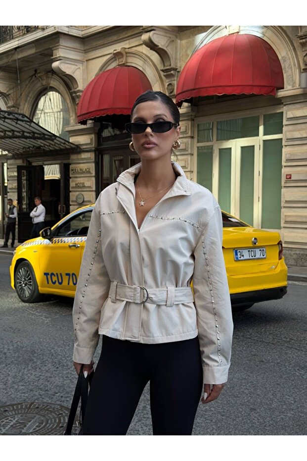 Studded Belted Zippered Trench Jacket