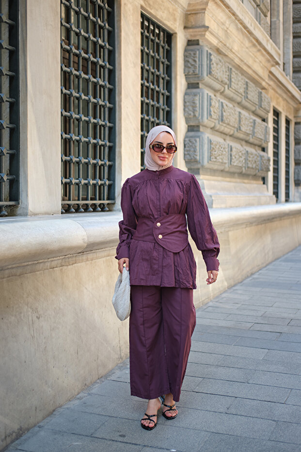 Women's Çima Detail High Collar Suit Plum