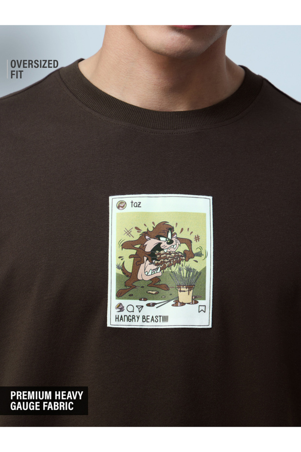 Men Brown Looney Tunes Taz Graphic Oversized Round Neck T-Shirt