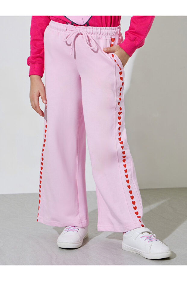 Girls Pink Side heart Print Wide leg Joggers