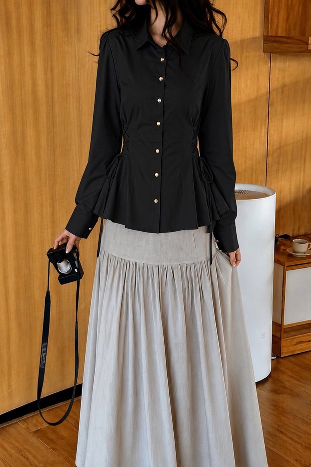 Women's Black Slim-Fit Long-Sleeved Shirt with Lace-Up Sides and Flounces at the Waist