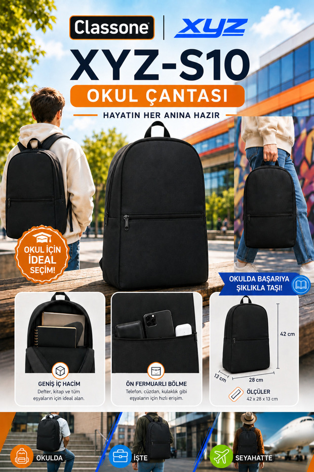 Xyz S10 Eco Series Unisex, School, Backpack - Black