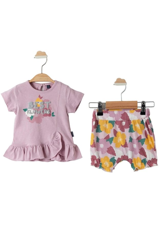 Baby Girl Lilac Best Flowers Printed Colorful Shorts 2-Piece Set
