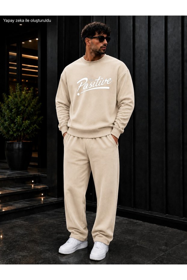 Men's Street Style Positive Printed Crew Neck Regular Fit Men's Tracksuit Set / Straight Leg Bottom