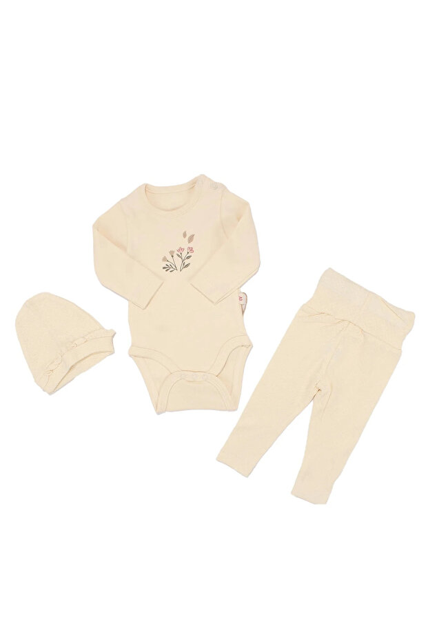 Baby Girl Ecru Floral Printed Bodysuit Beret 3 Piece Set